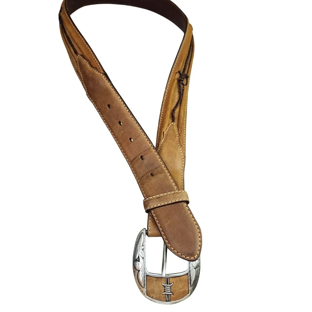 Justin Fenced In Mens 34 Leather Barbed Wire Western Belt C10817 Silver Buckle